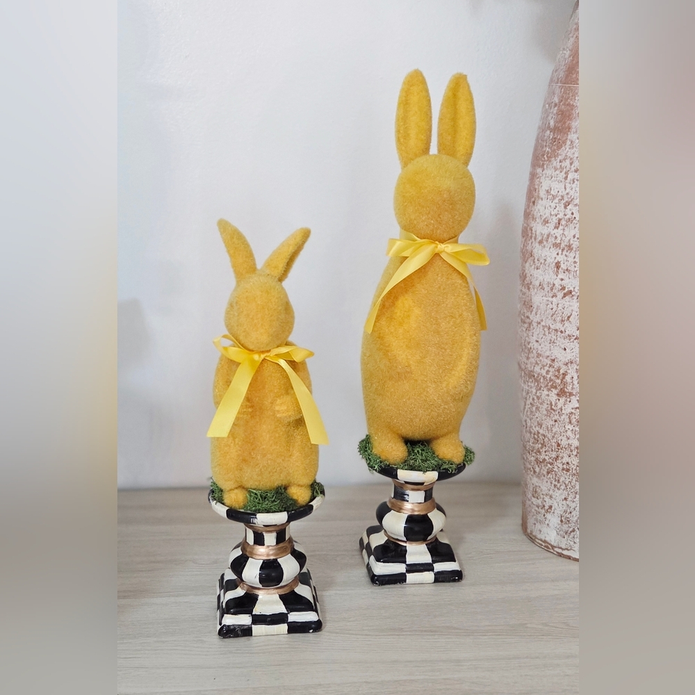 Adorable Set Of Flocked Bunnies with Hand-Packed Checkered Pedistals!
